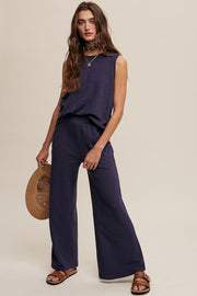 Navy Blue Slub Knit Pants Set