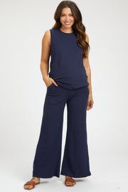 Navy Blue Slub Knit Maternity Pants Set