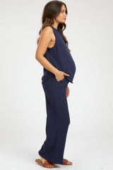 Navy Blue Slub Knit Maternity Pants Set