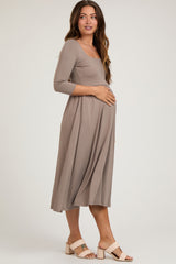 Mocha Square Neck 3/4 Sleeve Maternity Midi Dress