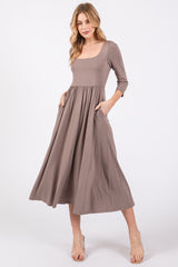 Mocha Square Neck 3/4 Sleeve Midi Dress