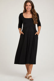 Black Square Neck 3/4 Sleeve Maternity Midi Dress