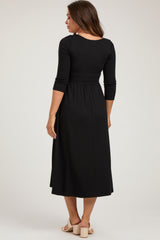 Black Square Neck 3/4 Sleeve Maternity Midi Dress