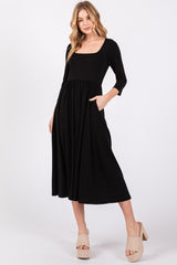 Black Square Neck 3/4 Sleeve Maternity Midi Dress