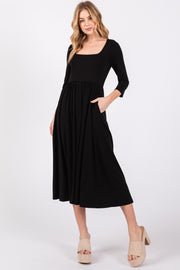 Black Square Neck 3/4 Sleeve Midi Dress