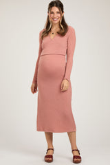 Rust Ribbed Long Sleeve Maternity Wrap Nursing Dress