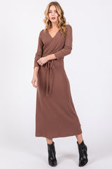 Brown Ribbed Long Sleeve Maternity Wrap Nursing Dress