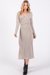 Beige Ribbed Long Sleeve Wrap Nursing Dress