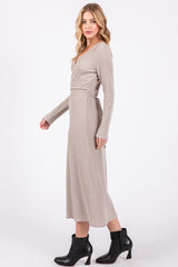 Beige Ribbed Long Sleeve Wrap Nursing Dress