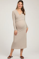 Beige Ribbed Long Sleeve Maternity Wrap Nursing Dress