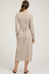 Beige Ribbed Long Sleeve Maternity Wrap Nursing Dress