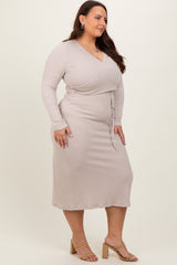 Cream Ribbed Long Sleeve Plus Wrap Nursing Dress