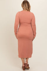 Rust Ribbed Long Sleeve Plus Maternity Wrap Nursing Dress