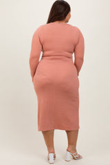 Rust Ribbed Long Sleeve Plus Wrap Nursing Dress