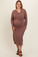 Brown Ribbed Long Sleeve Plus Maternity Wrap Nursing Dress