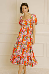 Multi-Color Square Neck Short Puff Sleeve Maternity Dress