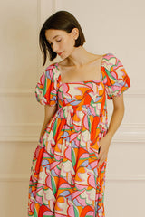 Multi-Color Square Neck Short Puff Sleeve Dress