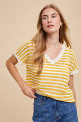 Mustard Striped Knit V-Neck Short Sleeve Top