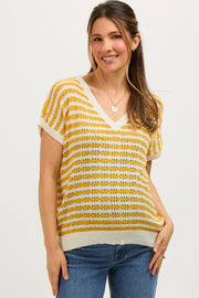 Mustard Striped Knit V-Neck Short Sleeve Maternity Top