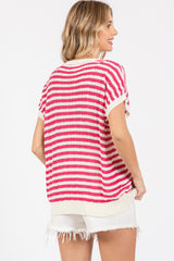 Fuchsia Striped Knit V-Neck Short Sleeve Top