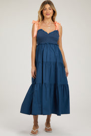 Navy Blue V-Neck Smocked Satin Tie Maternity Midi Dress