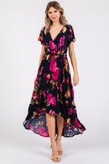 Navy Blue Floral Print Wrap Front V-Neck Hi-Low Maternity Midi Dress