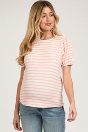 Light Pink Striped Textured Puff Sleeve Maternity Top