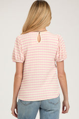 Light Pink Striped Textured Puff Sleeve Maternity Top