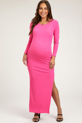 Hot Pink Ribbed Long Sleeve Side Slit Maternity Maxi Dress