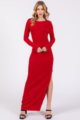 Red Ribbed Long Sleeve Side Slit Maternity Maxi Dress