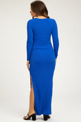 Royal Blue Ribbed Long Sleeve Side Slit Maternity Maxi Dress