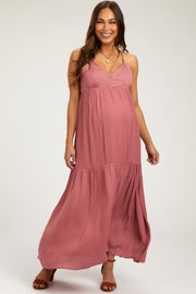 Mauve Sleeveless Lace Tiered Maternity Maxi Dress