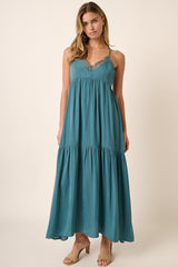 Teal Sleeveless Lace Tiered Maternity Maxi Dress