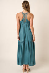 Teal Sleeveless Lace Tiered Maxi Dress