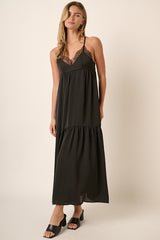 Black Sleeveless Lace Tiered Maxi Dress