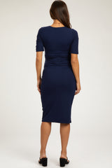 Navy Blue Wrap Top Maternity Midi Dress