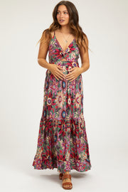 Multicolor Floral Front Twist Maternity Maxi Dress