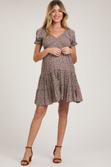 Charcoal Floral Smocked Puff Sleeve Maternity Dress