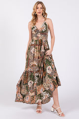 Olive Floral Paisley Front Twist Maternity Maxi Dress