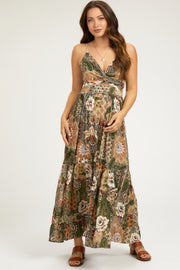 Olive Floral Paisley Front Twist Maternity Maxi Dress