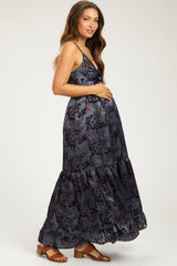 Navy Printed Front Twist Maternity Maxi Dress