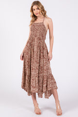 Brown Print Smocked Sleeveless Maternity Midi Dress