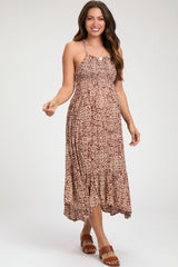 Brown Print Smocked Sleeveless Maternity Midi Dress