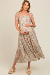 Cream Floral Shoulder Tie Tiered Maternity Maxi Dress