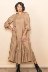 Taupe Button Front V-Neck Ruffle Tiered Maternity Midi Dress