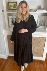 Black Button Front V-Neck Ruffle Tiered Maternity Midi Dress