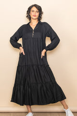 Black Button Front V-Neck Ruffle Tiered Midi Dress