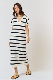 Ivory Striped Knit Collared V-Neck Midi Dress