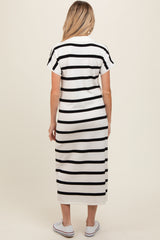 Ivory Striped Knit Collared V-Neck Maternity Midi Dress