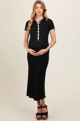 Black Ribbed Knit Collared Button Front Maternity Dress